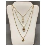 Three 14k Gold Necklaces Pearl, Maple Leaf and