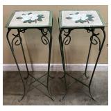 PAIR OF VTG. WROUGHT IRON MAGNOLIA CERAMIC TOP