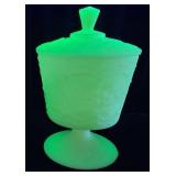 FENTON URANIUM CUSTARD GLASS LIDDED PEDESTAL