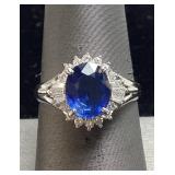 PLATINUM BLUE SAPPHIRE & DIAMOND RING, SIZE 8