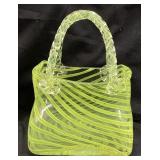 LIME GREEN & YELLOW ART GLASS PURSE VASE, 9in H
