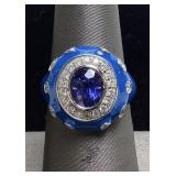 18KT WHITE GOLD BLUE SAPPHIRE & DIAMOND RING,