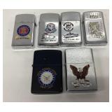 6 Zippo style lighters Navel, 1776, 2nd amendment