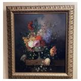 VTG. LARGE FLORAL STILL LIFE PAINTING, FRAMED