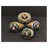 4 vintage Mexican Tonala pottery owls by Jorge