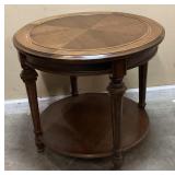 VTG. 2-TIER WOOD INLAID VENEER TOP ACCENT TABLE