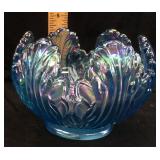 FENTON BLUE OPALESCENT LOTUS CANDLE HOLDER WITH