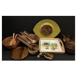 Wooden salad serving bowls and utensils and