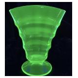 ART DECO STYLE URANIUM GLASS FAN VASE, 6.25in H