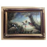 IRA MONTE STYLE BIRDS LANDSCAPE PAINTING, FRAMED