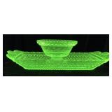 ANTIQUE URANIUM GLASS SMALL RELISH TRAY & BOWL