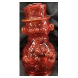 VTG. RUBY RED GLASS SNOWMAN FIGURINE, 7.5in H
