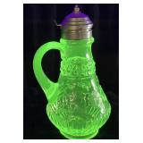 ANTIQUE URANIUM GLASS WILDFLOWER SYRUP PITCHER,