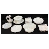 (9) ASSORTED FENTON MILK GLASS HOBNAIL & SILVER
