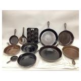 11 Vtg Cast Iron Skillets, muffin pan