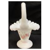 FENTON HAND PAINTED SATIN GLASS ROSE GARDEN BASKET