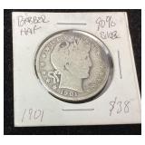 1901-P U.S. BARBER HALF DOLLAR, 90% SILVER