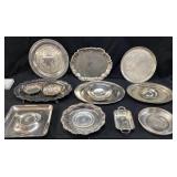 ASSORTED SILVER PLATE SERVING TRAYS, DISHES &