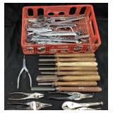ASSORTED WRENCHES, VTG. CRAFTSMAN WOOD CHISELS,