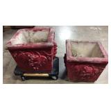 PAIR OF ORNATE CONCRETE PLANTERS WITH GRAPEVINE