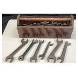 ASSORTED VTG. OPEN-END WRENCHES & WOOD TOOL BOX