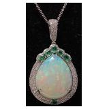 PLATINUM OPAL, EMERALD & DIAMOND PENDANT, 20.59ct