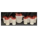 INDIANA GLASS RUBY BANDED DIAMOND POINT PITCHER &