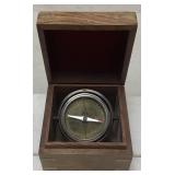 NAUTICAL COMPASS IN A WOODEN DOVETAILED BOX