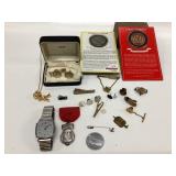 Vtg Timex Q Quartz wristwatch, Tie pins, cuff