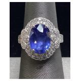 PLATINUM SAPPHIRE & DIAMOND RING, SIZE 7, G.I.A.