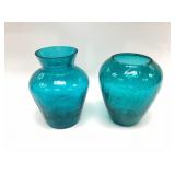 Two vintage hand-blown turquoise blue crackle