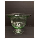 Vtg hand blown green glass pedestal bowl