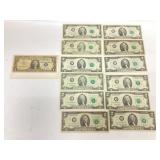 One Dollar Silver Certificate and 12 Two Dollars