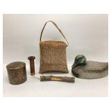 Vtg Duck Decoy, handmade Tree Bark basket,