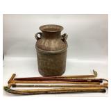 Antique metal milk can with 7 Vtg canes brass