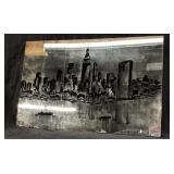 1970 SIGNED M. BOHDAL, NEW YORK SKYLINE ART MIRROR