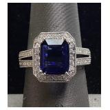 18KT WHITE GOLD SAPPHIRE & DIAMOND RING, SIZE