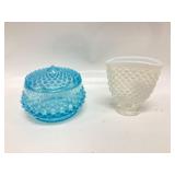 Fenton Blue Opalescent Hobnail round Powder puff