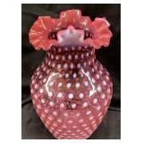 FENTON CRANBERRY OPALESCENT COIN DOT VASE,