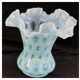 FENTON BLUE OPALESCENT COIN DOT RUFFLED RIM VASE