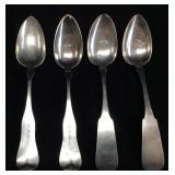 4 ANTIQUE 80% SILVER TABLE SPOONS, 2 S. FREEMAN