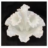 VTG. FENTON WHITE HOBNAIL MILK GLASS 3 HORN