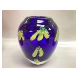 Vintage Cobalt Blue Art Glass Vase with Yellow