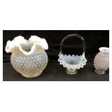 (3) FENTON WHITE OPALESCENT HOBNAIL RUFFLED ROSE