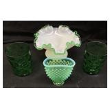 (4) FENTON EMERALD CREST COMPOTE, GREEN OPALESCENT