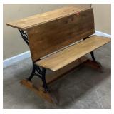 ANTIQUE WOODEN CAST IRON DOUBLE SCHOOL DESK &