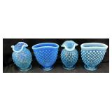 (4) FENTON BLUE OPALESCENT HOBNAIL MINI FAN &