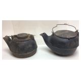 (2) ANTIQUE CAST IRON TEA KETTLES WITH LIDS