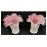 PAIR OF FENTON PEACH CREST RUFFLED & RIBBED VASES