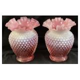 PAIR OF VTG. FENTON CRANBERRY OPALESCENT HOBNAIL